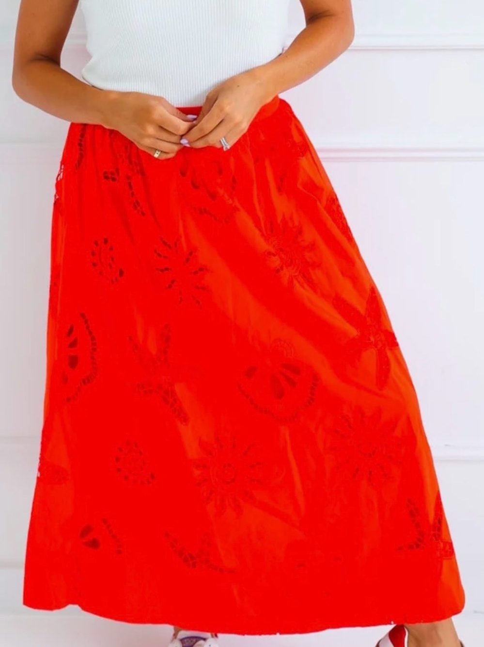 Coral Eyelet Embroidered Midi Skirt